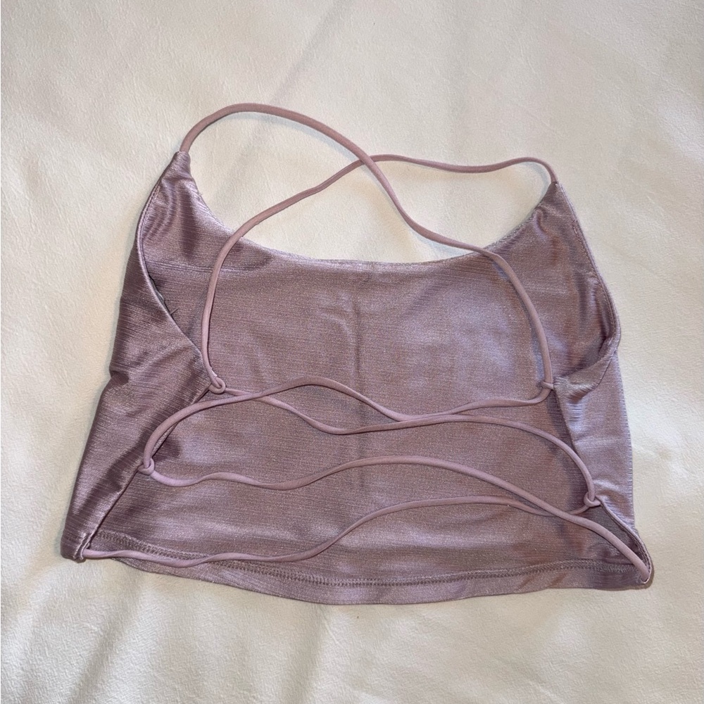 Lilac Ribbed Crop Top with Cross Back - Picture 3 of 4
